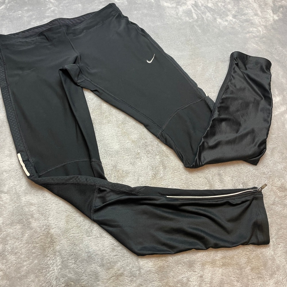 Nike Mens Dri-FIT Running Tights Size M Black Mesh Panels Reflective Ankle Zip